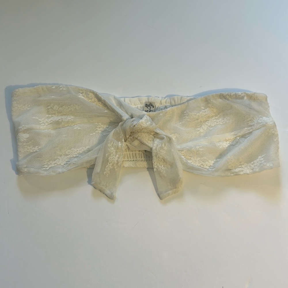 Free People Medium Intimately Bandeau Bra Top Off-White Tie Front Lace Sheer